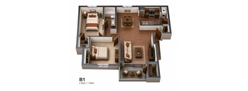 A 2 bedroom apartment with 1 bathroom is shown in this image.