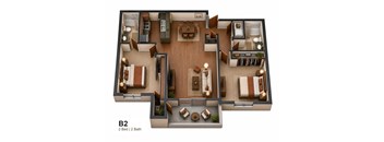 A 2 bedroom apartment with 2 bathrooms is shown in this image.