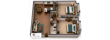 A 2 bedroom apartment with one bathroom is labeled B1.