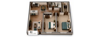 A 3D floor plan of a B3 apartment with two bedrooms and one bathroom.