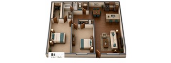A 3D floor plan of a B4 apartment with two bedrooms and two bathrooms.