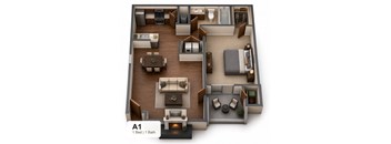 3D floor plan layout for one bedroom apartment at Marshall Apartments, Balch Springs, 75180