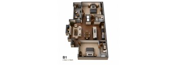 3D floor plan layout for two bedroom apartment at Marshall Apartments, Balch Springs, Texas