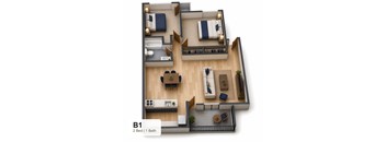 A 2 Bedroom apartment with 1 Bathroom is shown in this image.