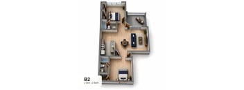 A 2 bedroom apartment with 2 bathrooms is shown in the image.