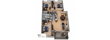 A 3 bedroom apartment with 2 bathrooms is labeled C1.