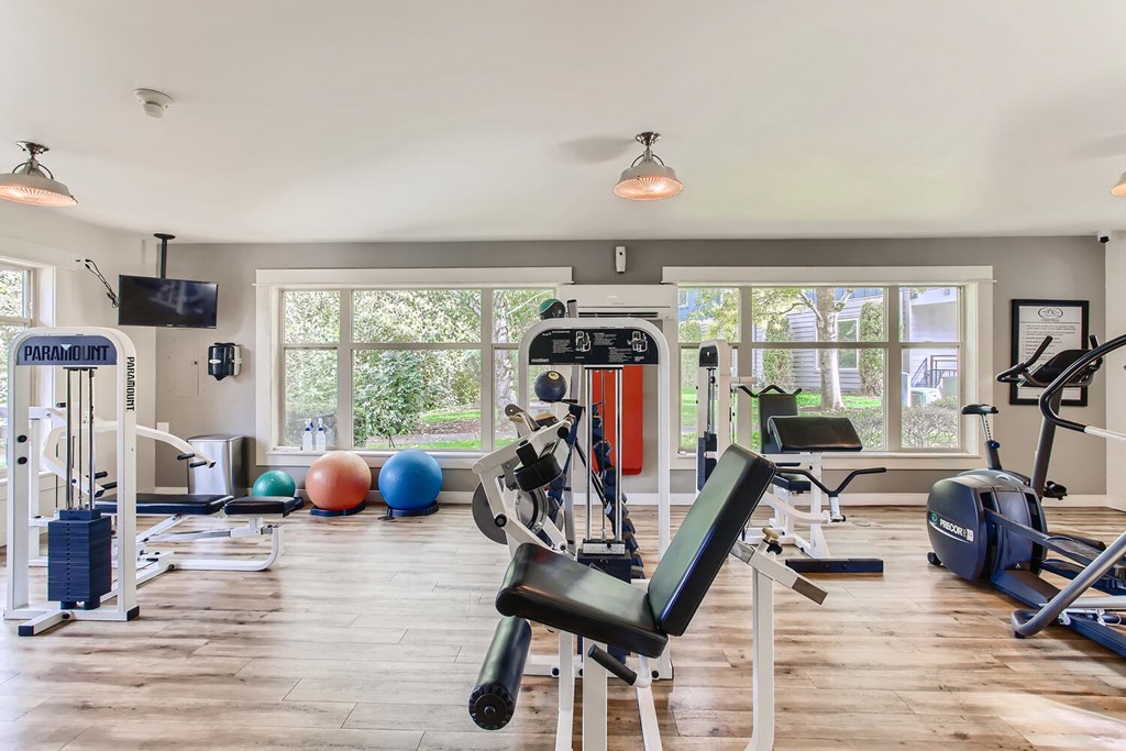 the gym in the owners home has plenty of equipment and windows
