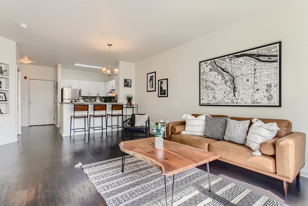 a living room with a couch and a table