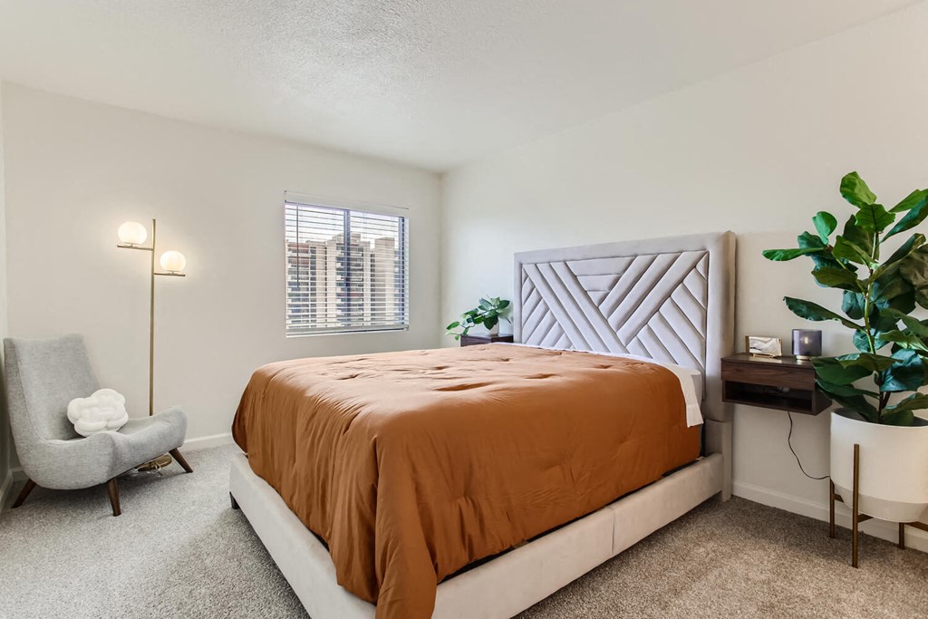 a bedroom with a bed and a chair and a plant