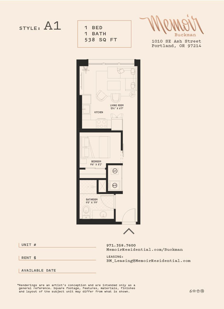 A floor plan for a one bedroom apartment.