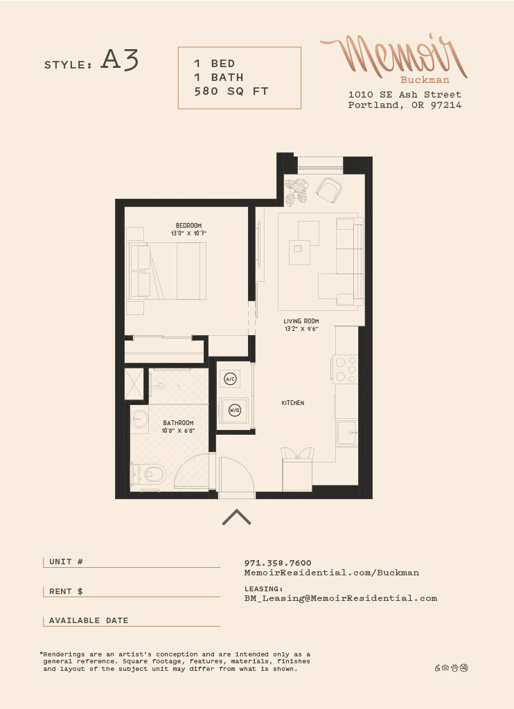A floor plan for an apartment style A3 with one bedroom, one bathroom, and a living space of 580 square feet.