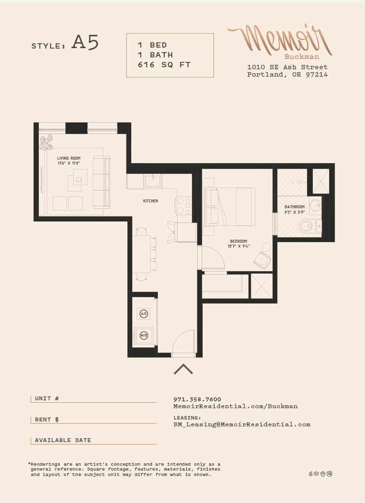 A floor plan for an apartment style A5 with one bedroom, one bath, and 616 square feet.
