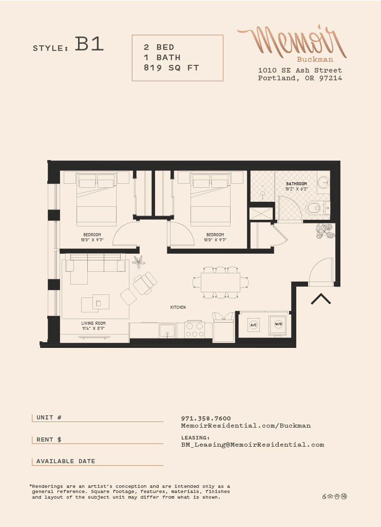 A floor plan for a B1 style apartment with two bedrooms and one bath.