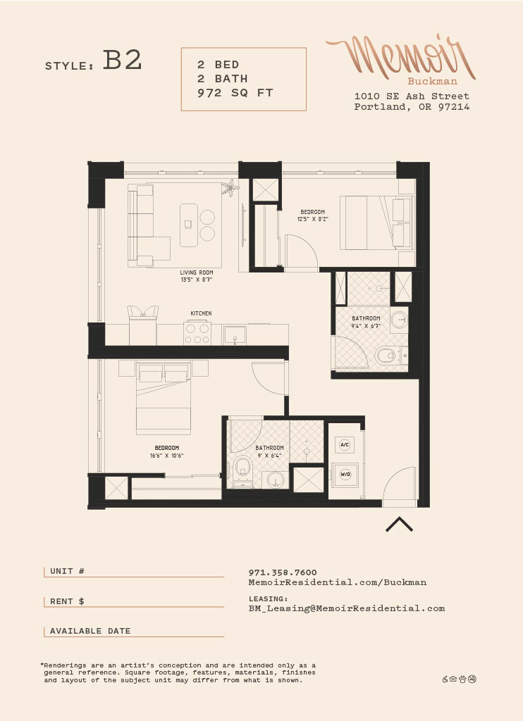 A floor plan for a B2 style apartment with two bedrooms and two bathrooms is shown.