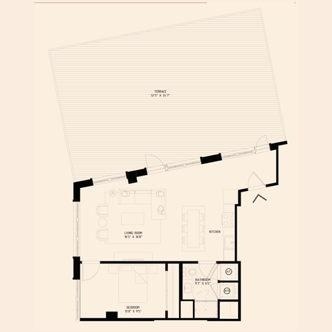 floor plan of a one bedroom apartment with large terrace