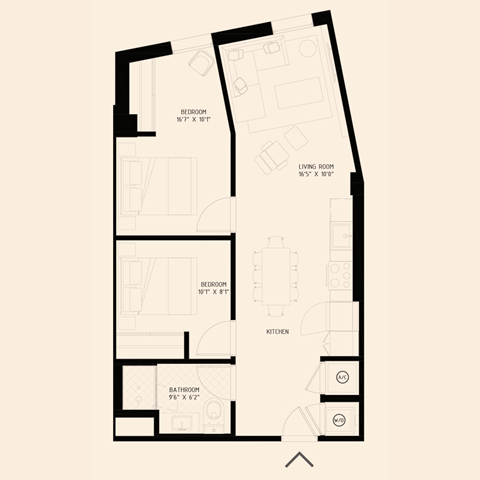 floor plan of a two bedroom with one bathroom apartment