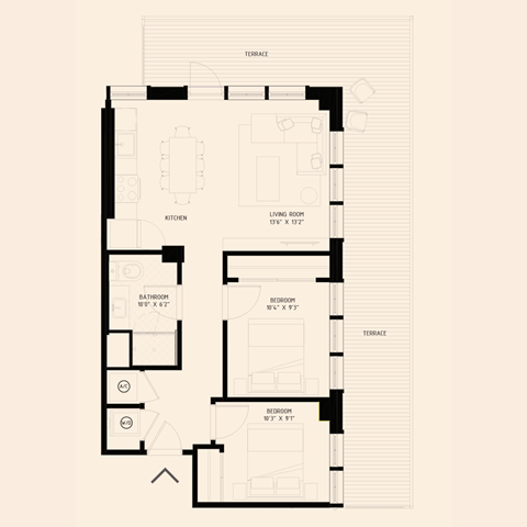 floor plan of a two bedroom with one bathroom apartment