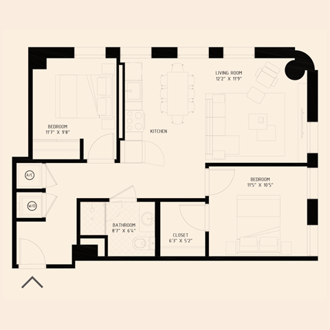 floor plan of a two bedroom with one bathroom apartment