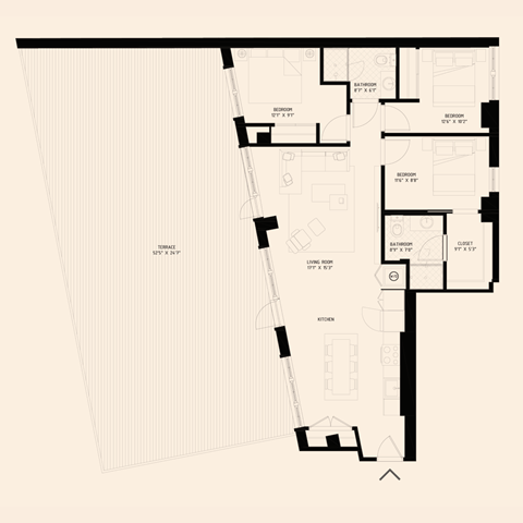 floor plan of a three bedroom two bathroom apartment with large terrace