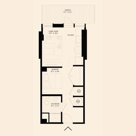 floor plan of a studio apartment with one bathroom