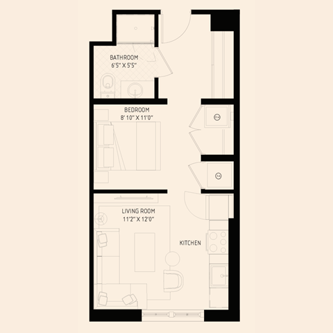 floor plan of a studio apartment with one bathroom