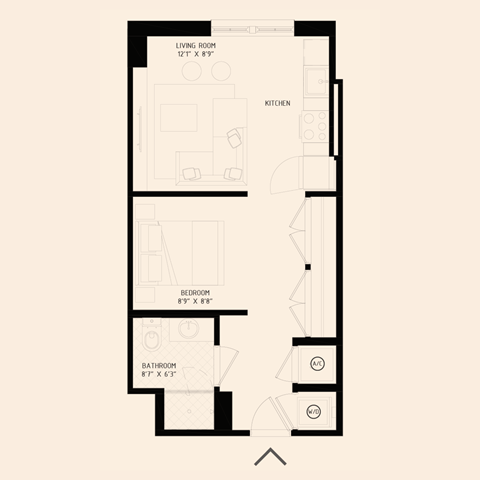 floor plan of a studio apartment with one bathroom