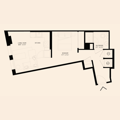 floor plan of a studio apartment with one bathroom