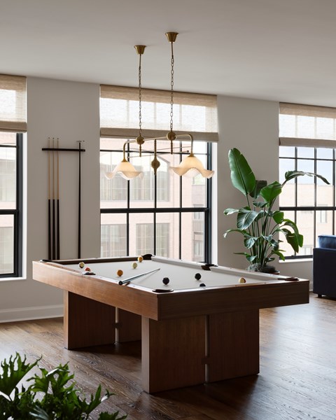 A pool table in a room with a large window and a potted plant.