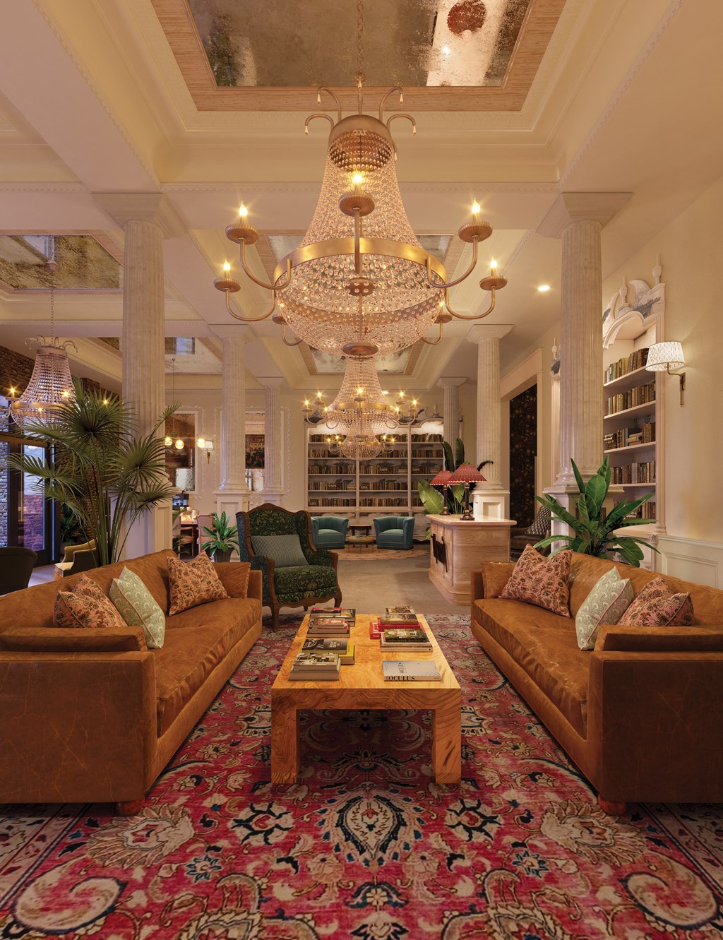 a living room with couches and a table under a chandelier