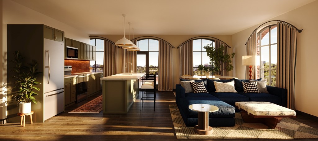 Memoir May Hosiery New Apartments in Nashville, Tennessee Living Room and Kitchen Rendering