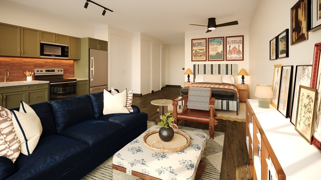 Memoir May Hosiery New Apartments in Nashville, Tennessee Living Room and Kitchen Rendering