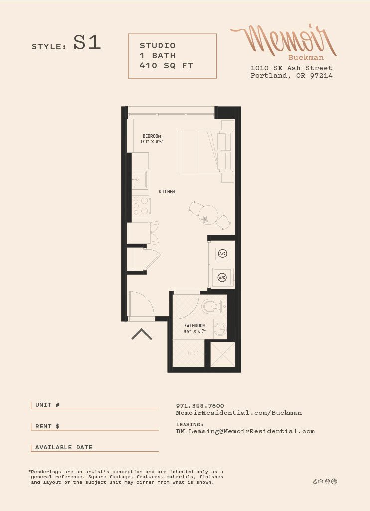 A floor plan for a studio apartment is displayed with labeled rooms and measurements.