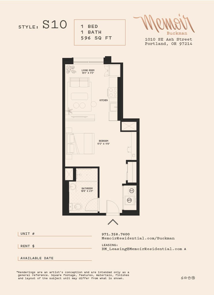 A floor plan for an S10 style apartment with one bedroom and one bathroom.