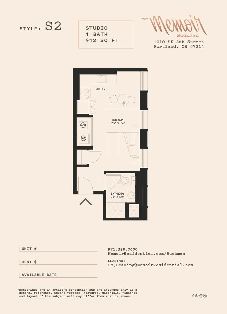A floor plan for a studio apartment sized at 412 square feet.