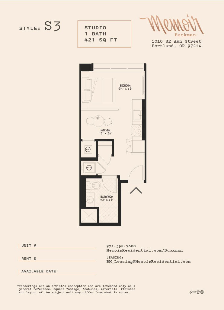 A floor plan for a studio apartment sized 421 square feet.