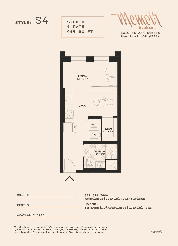 A floor plan for a studio apartment sized at 465 square feet.