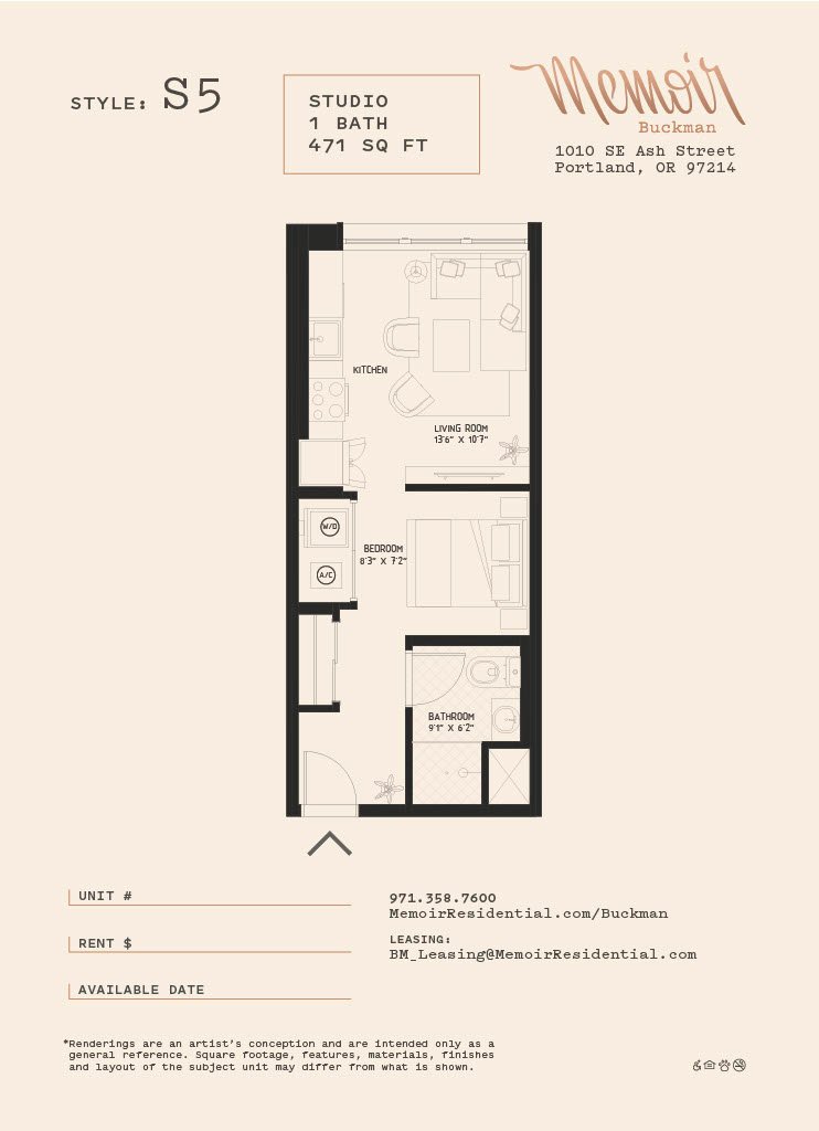 A floor plan for a studio apartment at Memoirs in Portland.