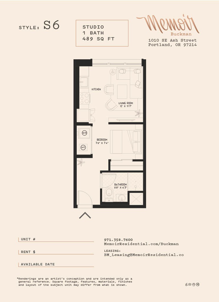 A floor plan for a studio apartment sized 489 square feet.