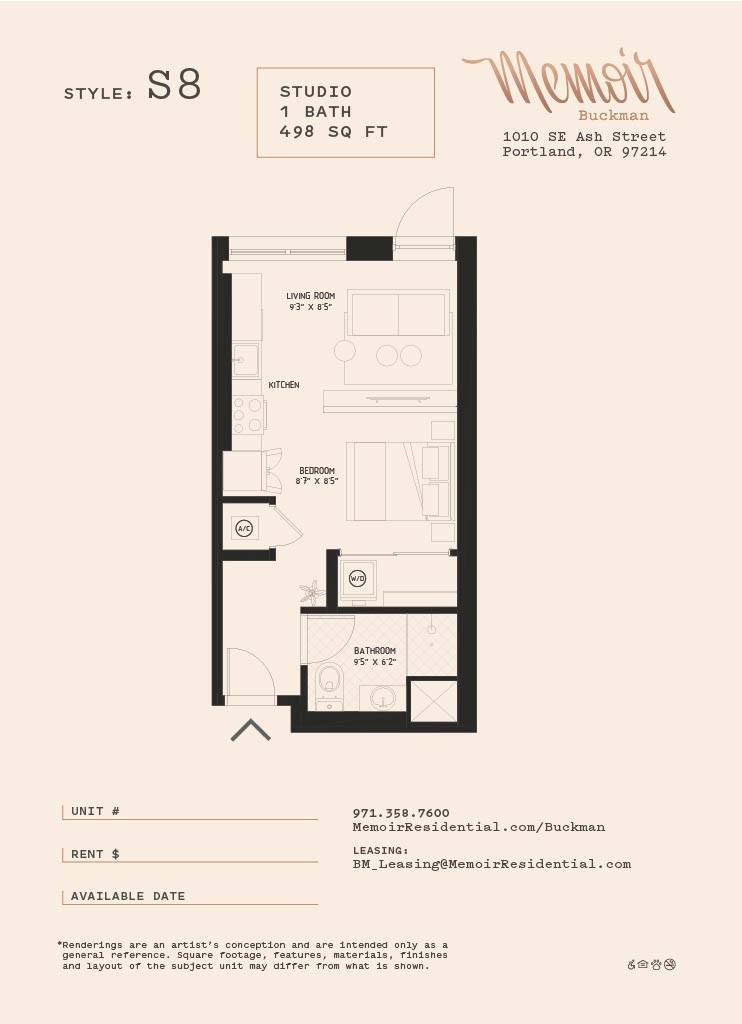 A floor plan for a studio apartment s8 with a kitchen, living room, and bathroom.