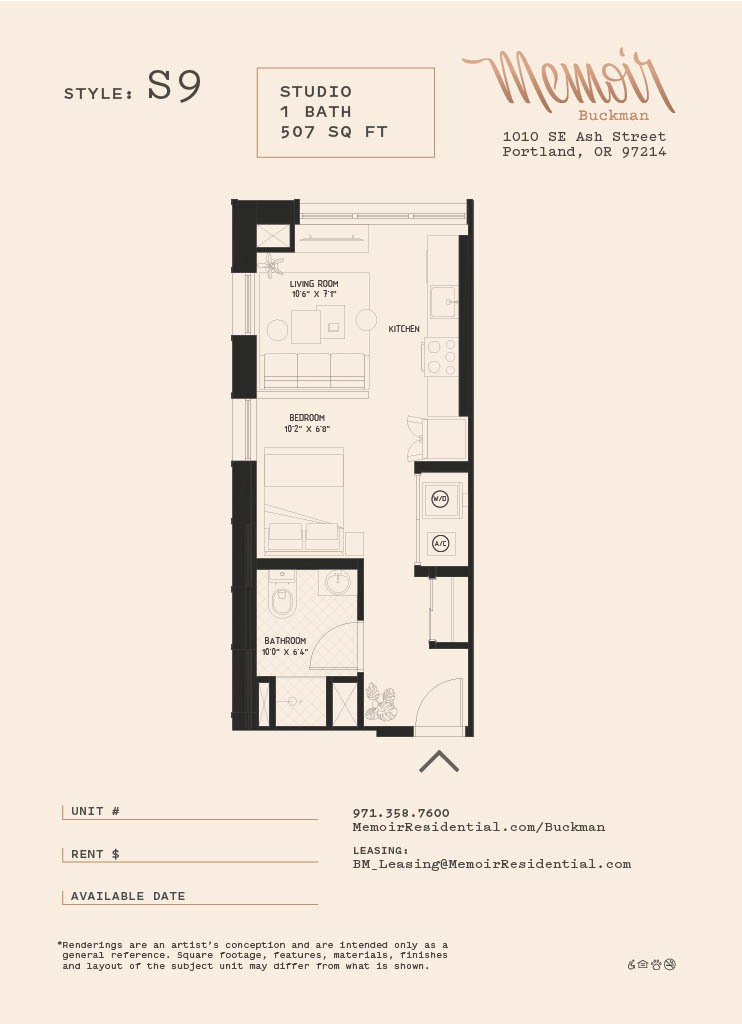 A floor plan for a studio apartment sized 507 square feet.