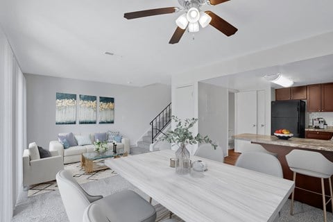 Living, Dining, Kitchen Wood Cabinets Virtually Staged