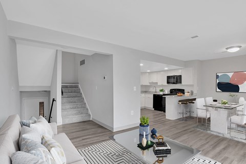 Living, Dining Room, & White Kitchen, Virtually Staged