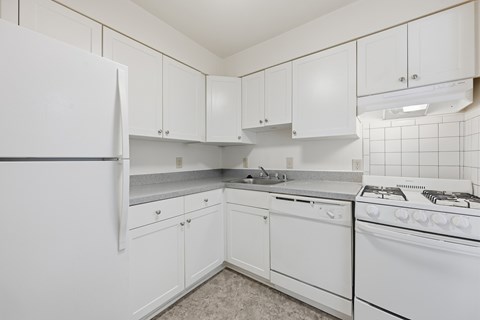 A white kitchen with a stove and a refrigerator.