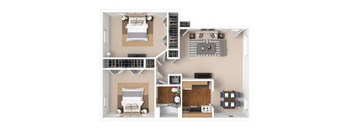 2 Bed 1 Bath 750 SF Furnished Floor Plan - Park Naylor