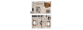 2 Bed 1 Bath Townhouse 1000 SF Floor Plan - Park Naylor