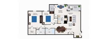 2 Bedroom 2 Bath floor plan 1009 square feet