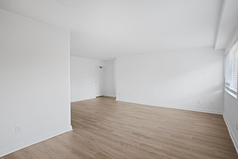 Living and dining room  with vinyl plank flooring.