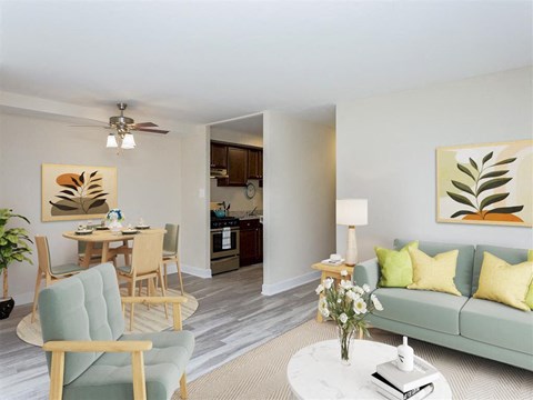 a living room with a couch and a table