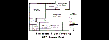A floor plan of a 1 Bedroom and Den Type A, which is 837 square feet.