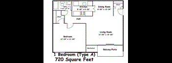 A floor plan of a 720 square feet one bedroom apartment.